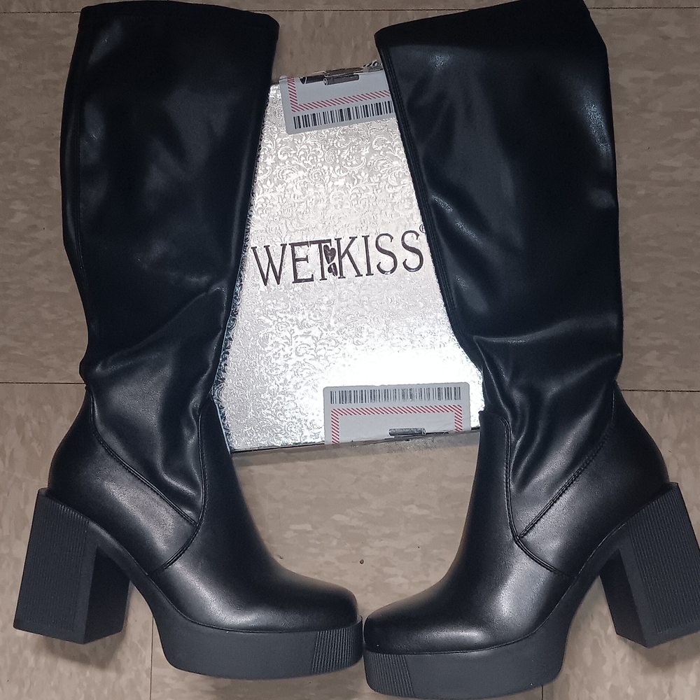 Kiss Black Platform Block Heel Knee Boots - Women's